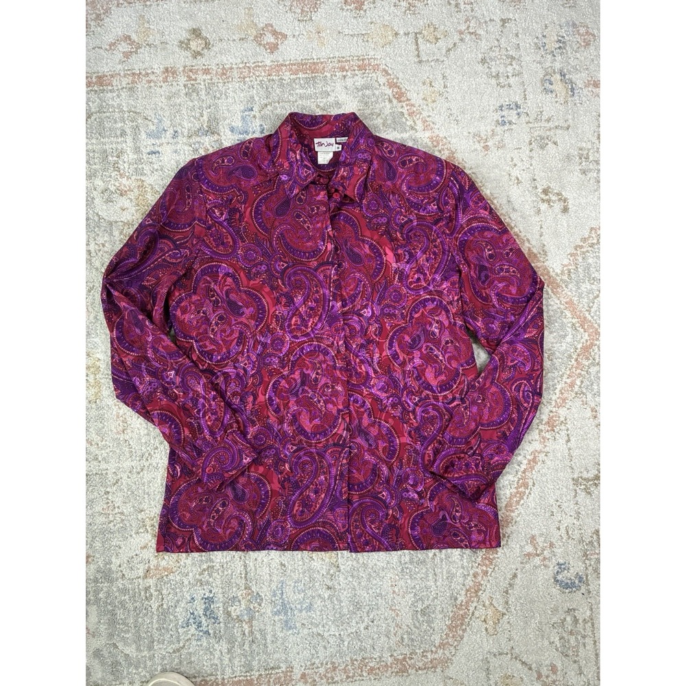 Vintage TanJay Paisley Button Up Purple Fuchsia Blouse Womens Sz M Silk Feel